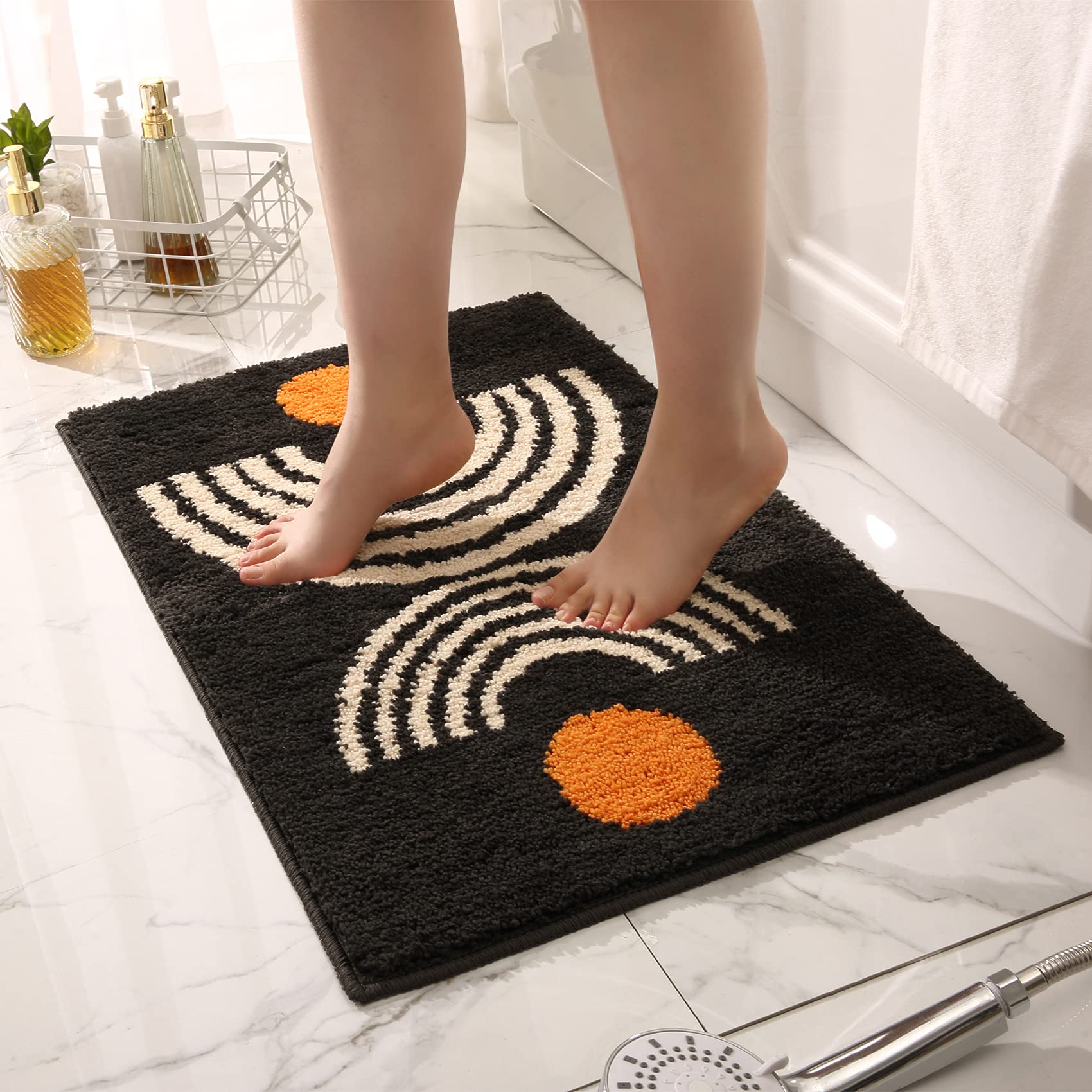 Dbjoy Boho Bathroom Rugs Non-Slip Abstract Bath Rugs Microfiber Cute Mat Black Washable For Tube/Washbasin/Toilet (Black-Music,